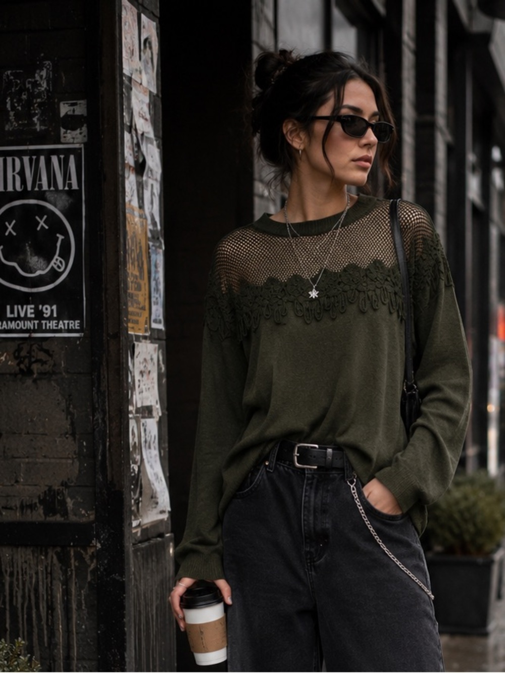 NWT GABRIELLE MOLLY BRACKEN Green Mesh and Knit Sweater, One Size